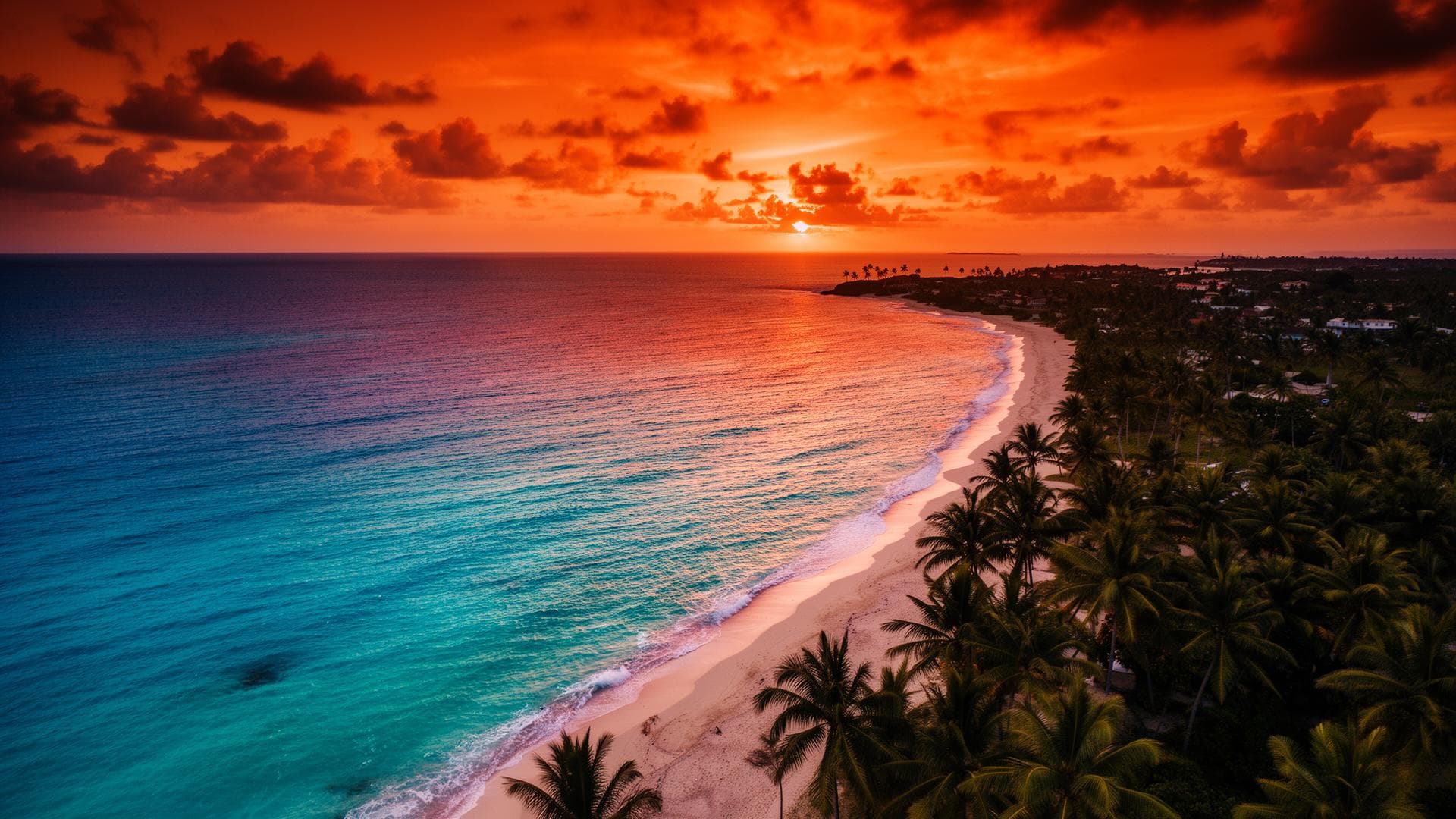 Plage de sable et palmiers au coucher du soleil